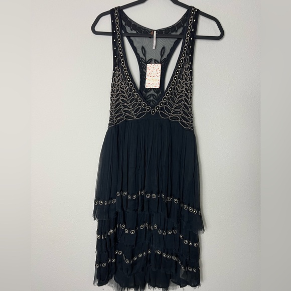 Free People Twilight beaded black mini dress size medium NWT - Picture 2 of 5